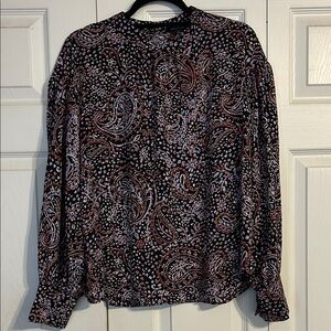 BANANA REPUBLIC Size Large Black Brown Purple Paisley High Neck Blouse Office